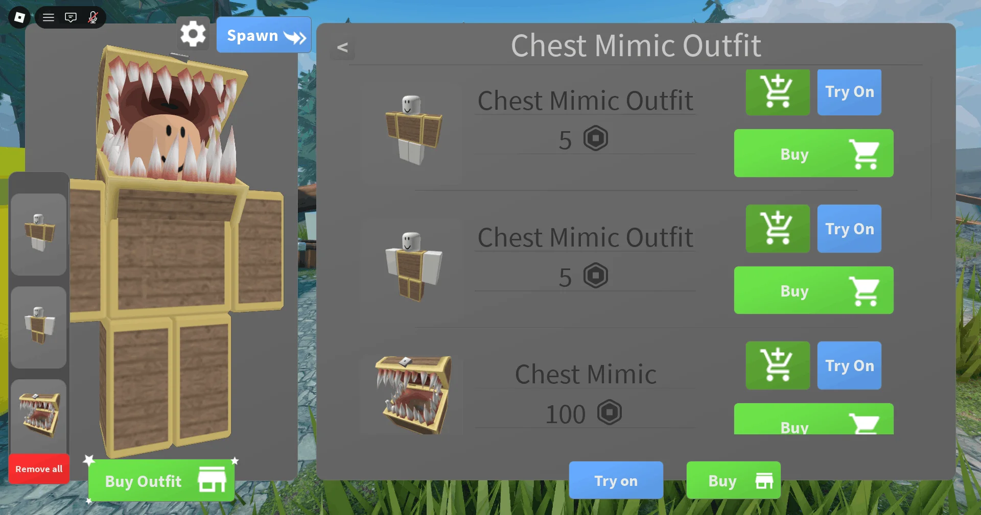 Avatar Outfit Shop view showing the items in an outfit