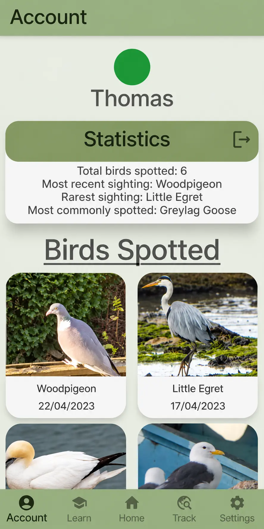 Bird Tracker overview with sighting statistics and bird cards