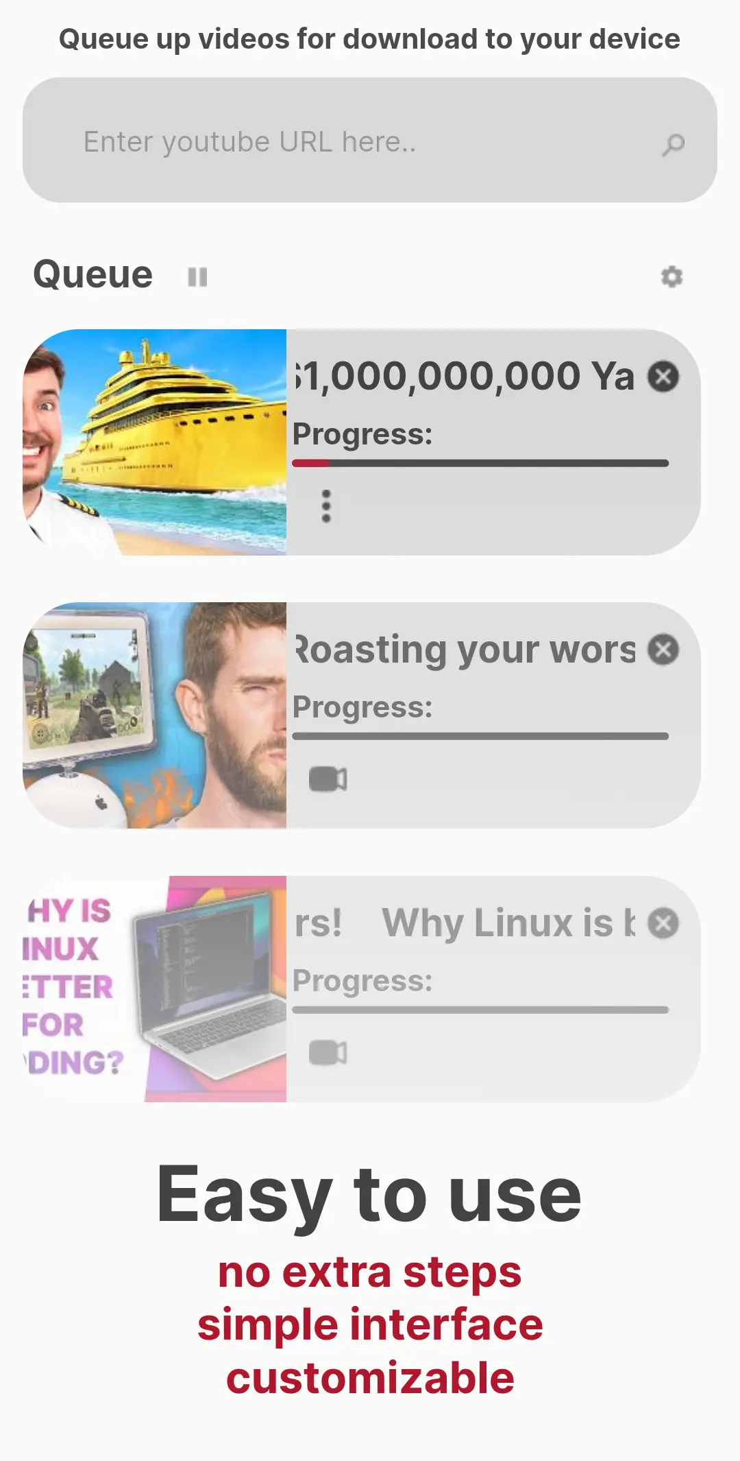 YT Downloader app showing a queue of video downloads